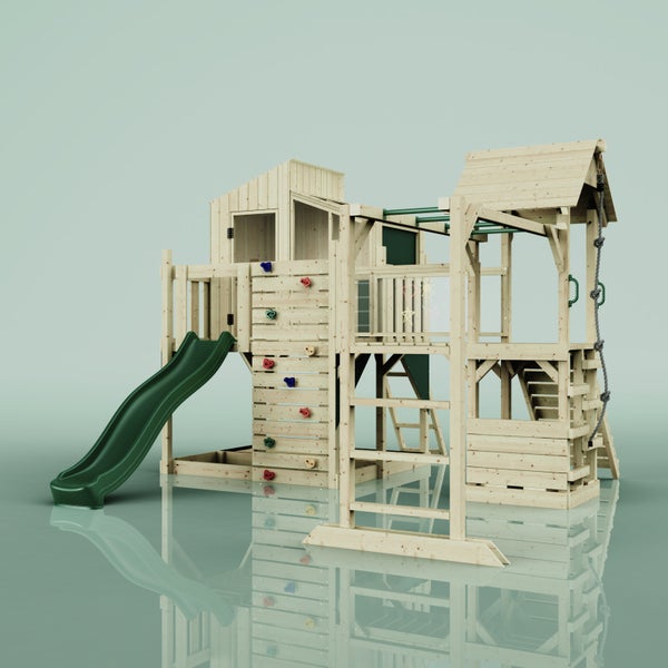 Holzspielplatz mit Rutsche, Kletterwand und Schaukel