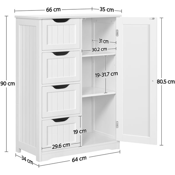 Weißer Badschrank mit vier Schubladen, einer Tür und Maßangaben.