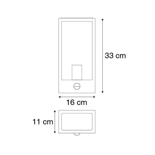 Maßzeichnung einer Wandleuchte mit einer Höhe von 33 Zentimetern, einer Breite von 16 Zentimetern und einer Tiefe von 11 Zentimetern.