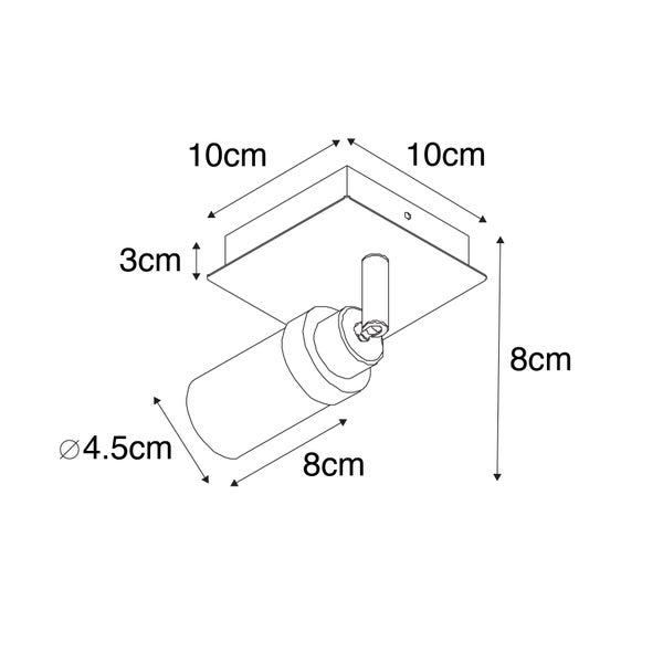 Technische Zeichnung einer Deckenleuchte mit den Maßen 10 x 10 x 8 Zentimeter