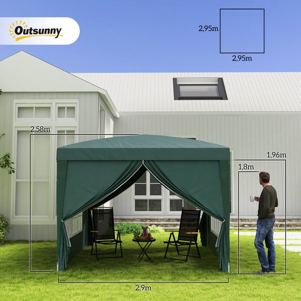 Outsunny Pavillon ca.3x3m, wasserabweisend Stabil Winterfest Pop-up Faltpavillon, UV Schutz 50+, Faltbar Partyzelt Gartenzelt mit 4 Seitenteilen Tasche Gartenpavillon für Camping Garten, Grün