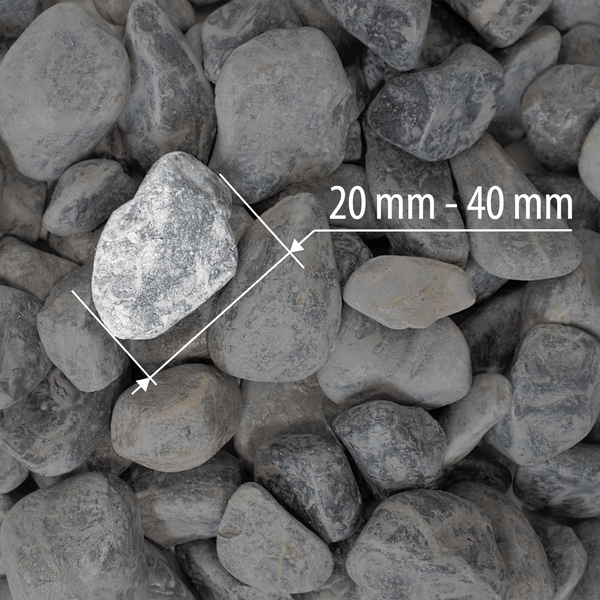 Graue Kieselsteine mit einer Körnung von 20 Millimeter bis 40 Millimeter