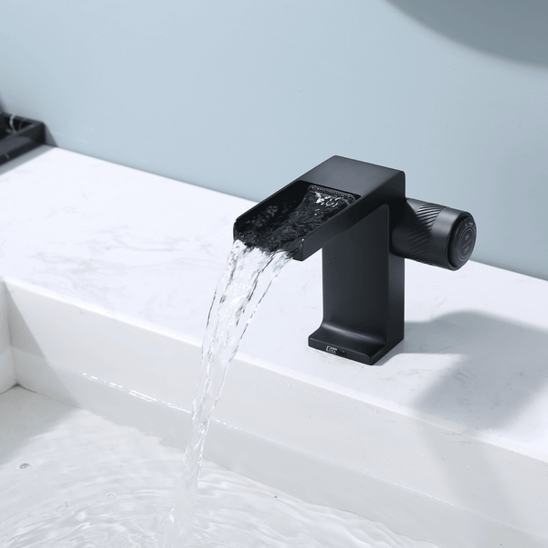 EcoRain 30% Wassersparender Waschtischarmatur mit Wasserfall George - Aus Messing und Keramikscheiben - Universeller Anschluss - Anti-Kratz-Beschichtung - Schwarz