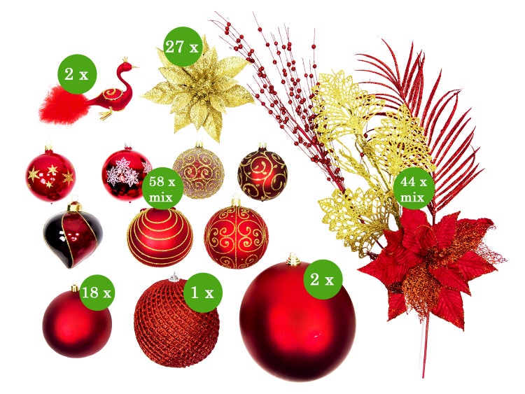 Geschmückter künstlicher Weihnachtsbaum mit 152 Ornamenten PREMIUM CAESAR 180 cm Baum mit Ständer und Weihnachtsornamenten