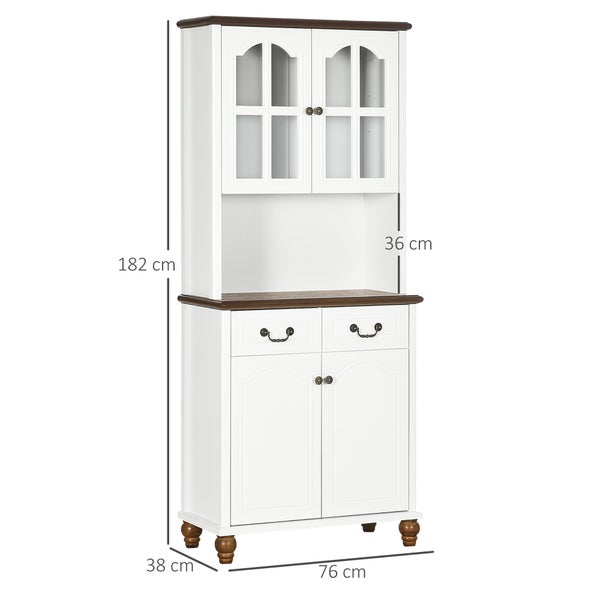 HOMCOM Küchenschrank, Küchenbuffet mit 2 Schubladen, Hochschrank mit offenem Fach, Schrankfach, Vitrinenschrank mit Soft-Close-Funktion für Wohnzimmer, Küche, 76 x 38 x 182 cm, Weiß