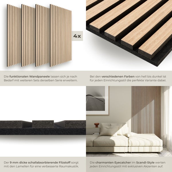 Wandpaneele aus Holz und Filz zur Wandgestaltung und Verbesserung der Raumakustik, Set mit 4 Stück
