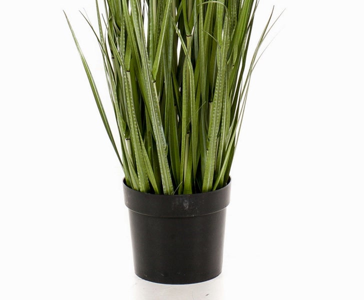 Künstliche Pflanze in schwarzem Kunststofftopf mit bemoosten Stämmen.