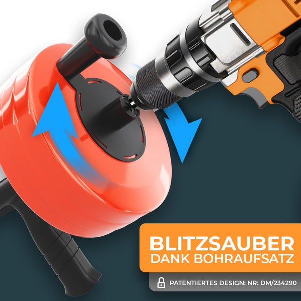 Abflussspirale mit Bohrmaschine und dem Text "Blitzsauber dank Bohraufsatz"