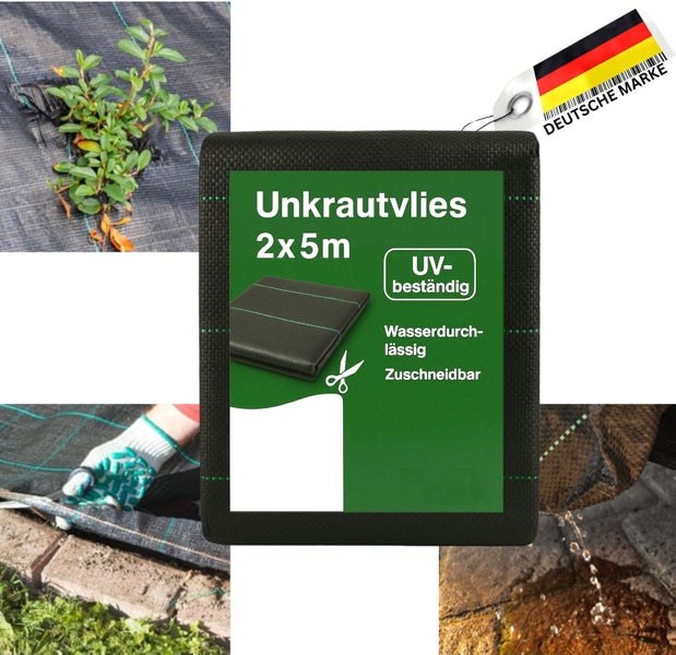 Unkrautvlies in der Größe 2 mal 5 Meter, UV-beständig, wasserdurchlässig und zuschneidbar zur Unkrautunterdrückung im Garten.