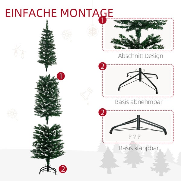 Infografik zur Montage eines künstlichen Weihnachtsbaums mit drei Baumabschnitten, Detailansicht der Zweige und klappbarem Metallständer.