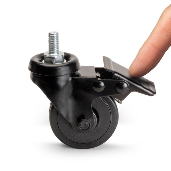 Schwarze Lenkrolle mit Gewindestift und Feststeller, der durch Fingerdruck betätigt wird.