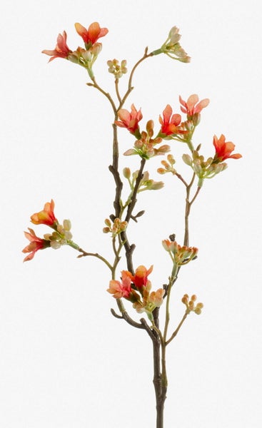 Künstlicher Blütenzweig mit orangefarbenen Blüten und grünen Knospen.