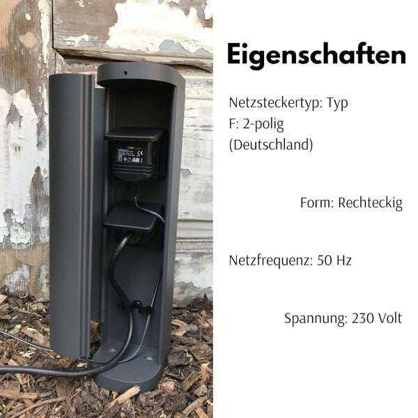 Dunkelgraue rechteckige Außensteckdose: Netzsteckertyp F zweipolig, Netzfrequenz 50 Hertz und Spannung 230 Volt.