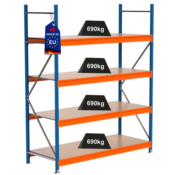 Lagerregal mit vier Ebenen und einem maximalen Gewicht von 690 Kilogramm pro Ebene sowie einem Made in EU-Siegel