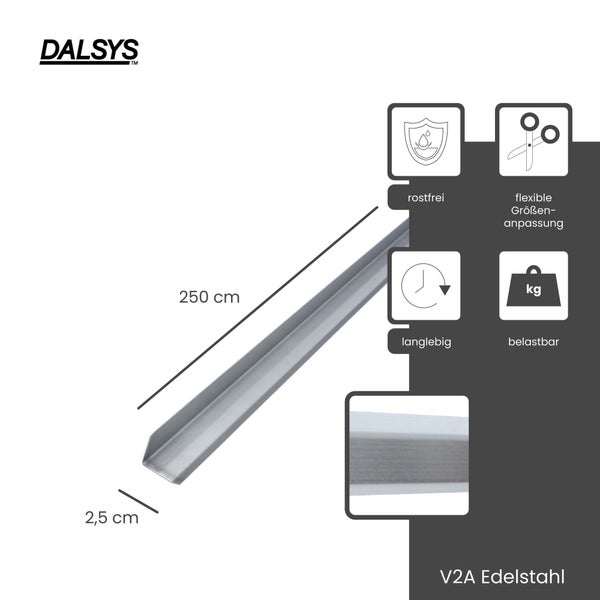 Dalsys L-Profil, Edelstahl, 250 Zentimeter lang, 2,5 Zentimeter breit. Rostfrei, langlebig, belastbar, flexibel anpassbar. Dalsys Logo.