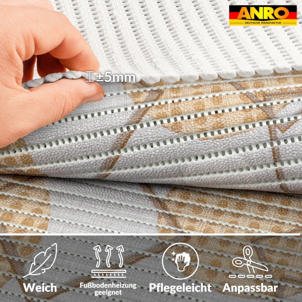 ANRO Logo, weiche Matte für Fußbodenheizung geeignet, pflegeleicht und zuschneidbar, Dicke plus minus 5 Millimeter.