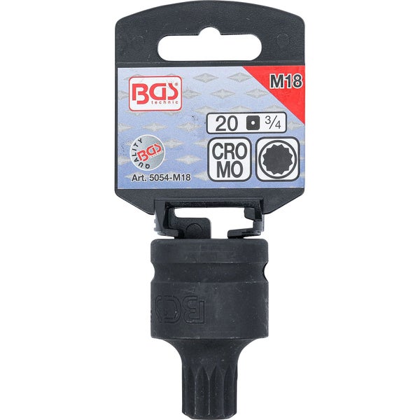 BGS technic M18 Steckschlüssel Einsatz, Vielzahn, Größe 20, Aufnahme 3/4 Zoll