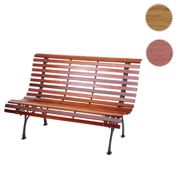 Gartenbank aus Holzlatten mit gusseisernem Gestell und ergonomisch geformter Sitzfläche.