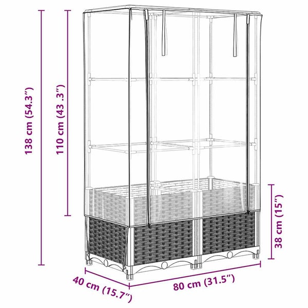Maßzeichnung eines Hochbeets mit Gewächshausaufsatz. Gesamthöhe 138 Zentimeter, Breite 80 Zentimeter und Tiefe 40 Zentimeter.