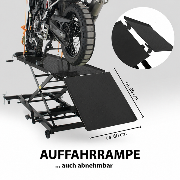 Schwarze Motorradhebebühne mit abnehmbarer Auffahrrampe, Maße circa 80 mal 60 Zentimeter, rutschfeste Oberfläche aus Riffelblech.