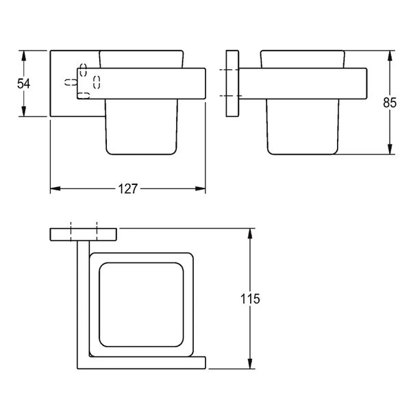 Technische Zeichnung eines Zahnputzbechers mit Wandhalterung inklusive Bemaßungen in Millimeter.