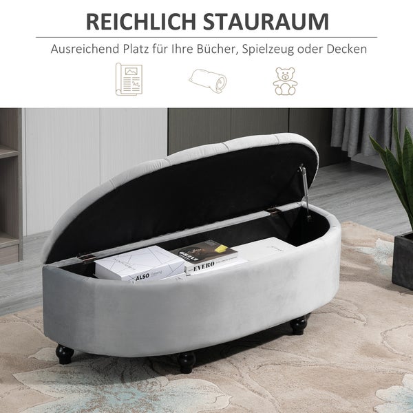 HOMCOM Sitzbank mit Stauraum Sitztruhe mit geöffnetem Deckel, Velvet-Touch, Polsterbank für Schlafzimmer, Gummiholz Grau 120 x 46 x 42 cm