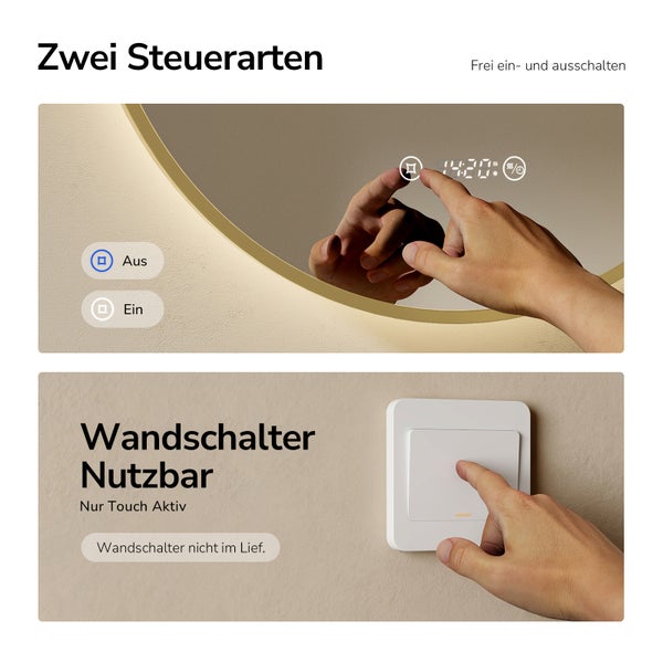 Badezimmerspiegel mit integrierter Digitaluhr und Touchbedienung auf der Oberfläche sowie Steuerung über einen externen Wandschalter.