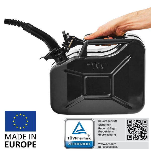 BW® Kraftstoffkanister Metall Benzinkanister 10 Liter mit Ausgießer - Schwarz - RAL 9005 - TÜV-geprüft und UN-Zulassung - Made in Europe