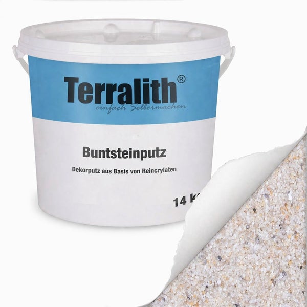 Terralith Buntsteinputz 14 Kilogramm, dekorativer Mosaikputz auf Reinacrylatbasis mit feiner Steinstruktur.