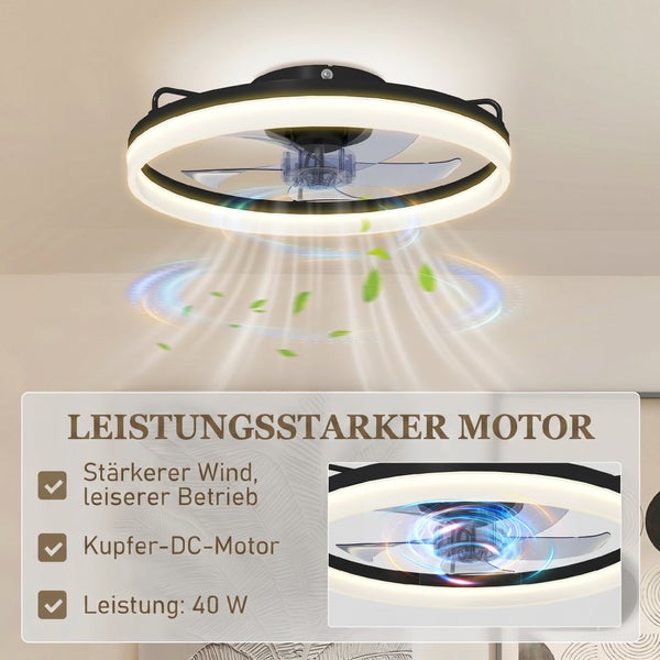 Moderner Deckenventilator mit Leuchtdioden-Lichtring, 40 Watt Kupfer-Gleichstrommotor, transparenten Flügeln und leisem Betrieb.