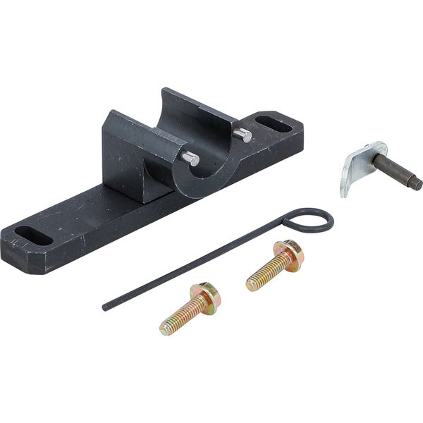 Arretierwerkzeug-Set aus Metall für Motoren mit schwarzer Halterung, zwei goldfarbenen Schrauben, schwarzem Sicherungsstift und silbernem Winkel.