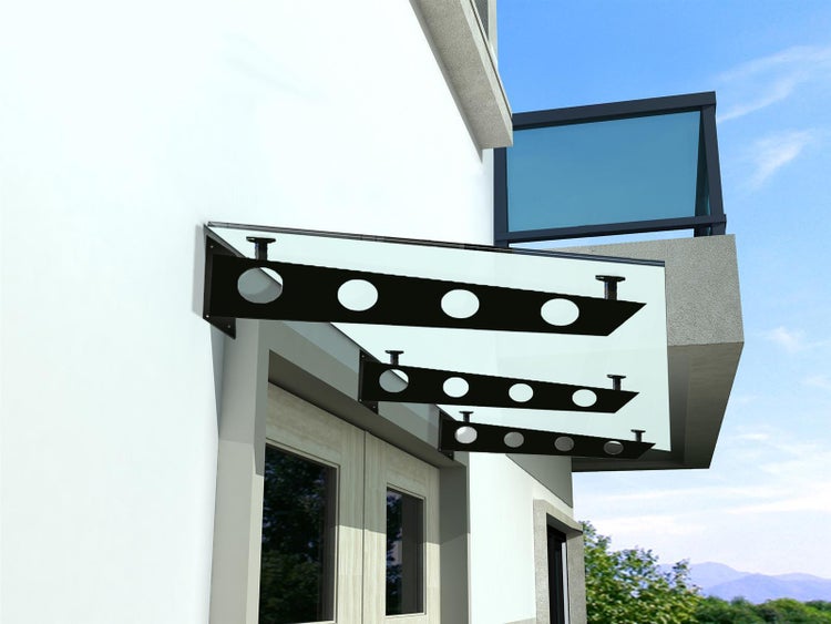 BuyLando (3S) 230x90 cm Milchglas Glasvordach inkl. Edelstahlhalter in Schwarz