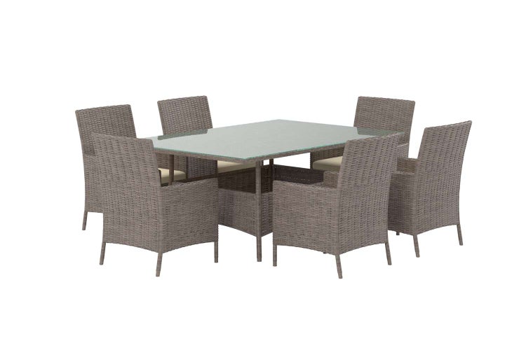 Gartenmöbel-Set aus Polyrattan mit rechteckigem Tisch inklusive Glasplatte und sechs Sesseln mit Sitzkissen.