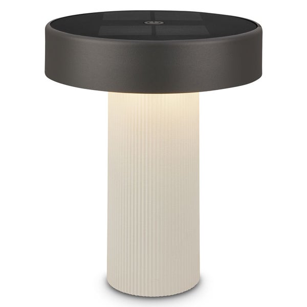 Solar-Tischleuchte für den Außenbereich mit geriffeltem Sockel und integriertem Solarpanel.