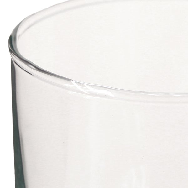 Zylindrische Glasvase, transparent, Höhe 10 Zentimeter, Durchmesser 9 Zentimeter.