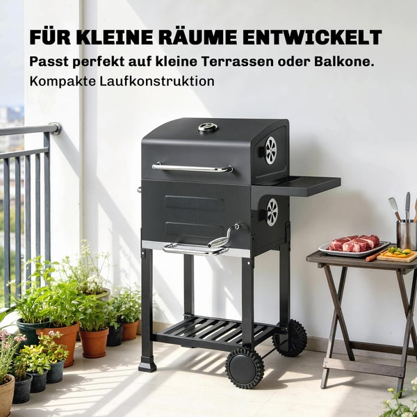 Holzkohlegrill mit Deckelthermometer und vier verstellbaren Lüftungsschlitzen zur präzisen Wärmeregelung und Luftstromsteuerung.