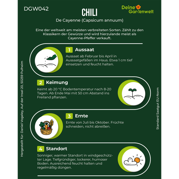 Infografik für Chili De Cayenne (Capsicum annuum) mit Anweisungen zu Aussaat, Keimung, Ernte und Standort. Deine Gartenwelt Logo.