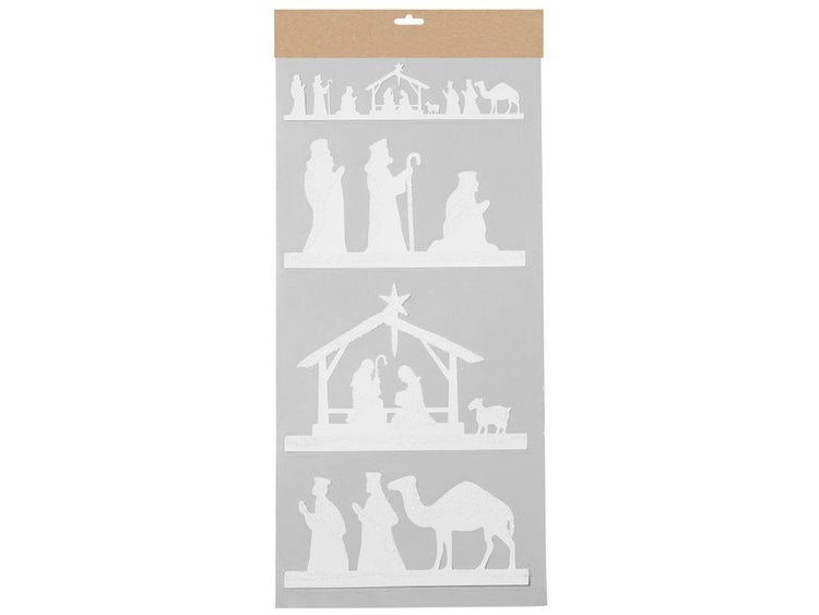 Weihnachtsdekoration Krippenfiguren als Fenstersticker aus Kunststoff auf einem Bogen zur festlichen Dekoration.
