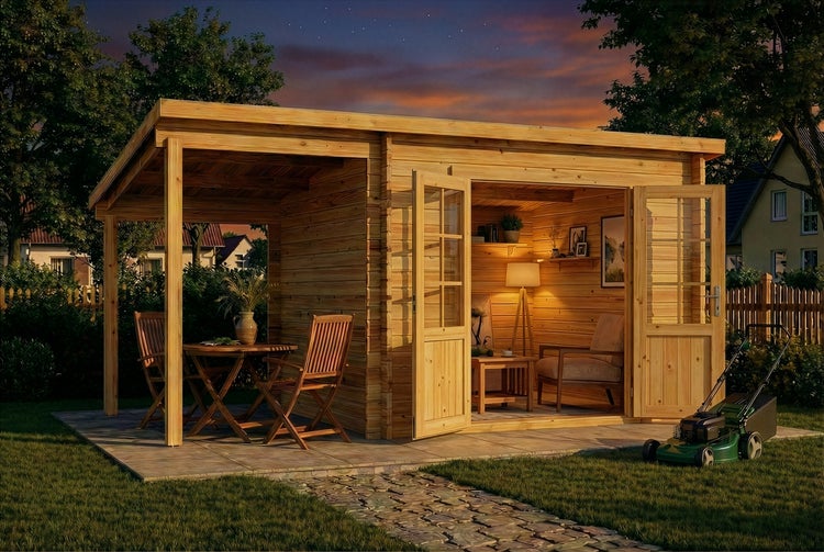 Modernes Gartenhaus aus Holz mit Flachdach und überdachter Terrasse, beleuchteter Innenraum und Rasenmäher auf der Wiese bei Abenddämmerung.