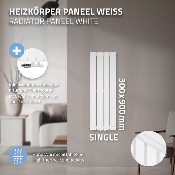 ML-Design Paneelheizkörper Einlagig 900 x 300 mm Weiß Mittelanschluss mit Wandanschlussgarnitur Eckform Multiblock & Thermostat, Design Badheizkörper Vertikal Designheizkörper Flachheizkörper Heizung