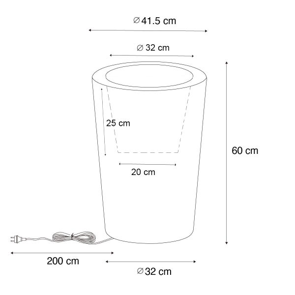Skizze eines beleuchteten Pflanzkübels: Höhe 60 Zentimeter, Außendurchmesser 41,5 Zentimeter, Kabellänge 200 Zentimeter.
