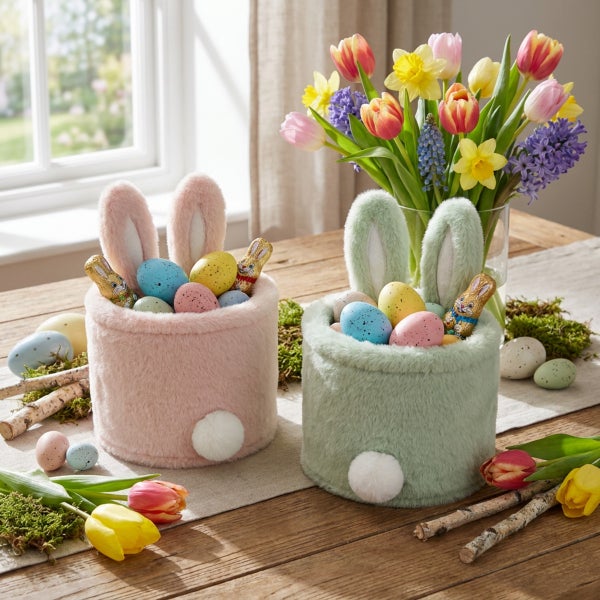 Zwei flauschige Osterkörbe in Hasenform mit Ohren und Schwänzchen gefüllt mit bunten Eiern und Schokohasen auf einem frühlingshaften Tisch.