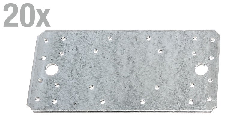Ein Set bestehend aus 20 verzinkten Lochplatten aus Stahl für Holzverbindungen.
