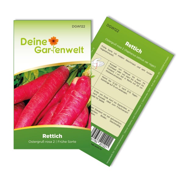 Samenpackung für Rettich Ostergruß rosa 2 der Marke Deine Gartenwelt, eine frühe Sorte mit Abbildung von pinkfarbenen Rettichen.