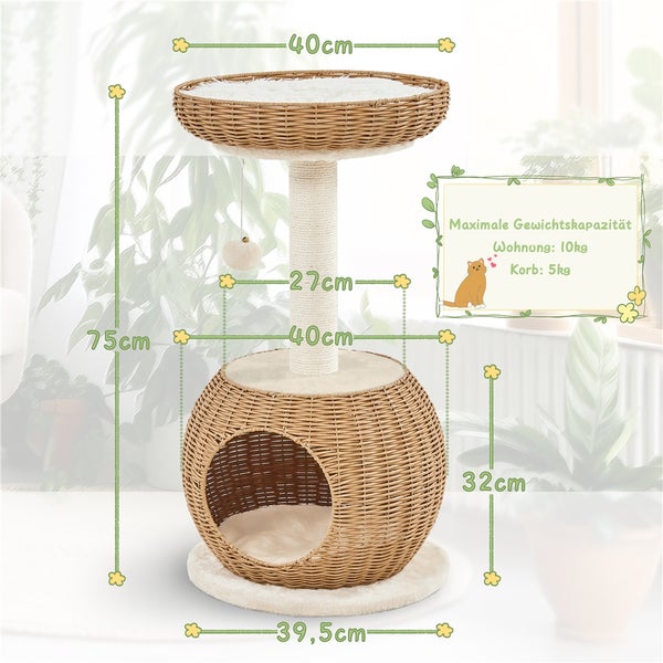 Katzenkratzbaum mit Liegeflächen und Katzenhöhle aus Rattan