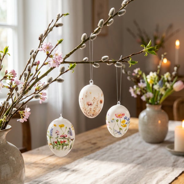 Drei hängende Ostereier mit Blumenmotiven an einem Weidenzweig in einer Vase als österliche Tischdekoration auf einem Holztisch.