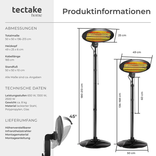 Produktinformationen für einen höhenverstellbaren Infrarotheizstrahler von tectake mit Angaben zu Abmessungen, technischen Daten und Lieferumfang.