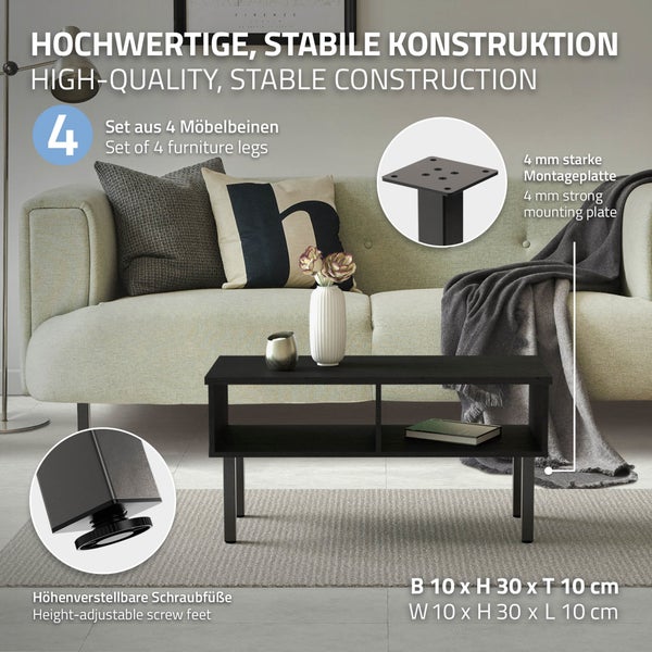 ML-Design 4er Set Tischbeine I-Design 30 cm, Dunkelgrau, Optik Industrial, Stahl pulverbeschichtet, eckig, Profil 4x4cm, Höhenverstellbare Möbelfüße 1-4 cm, Möbelbeine für Couchtische Bänke Sideboards