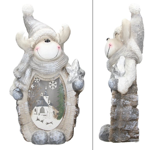 ECD Germany Rentier Figur mit LED Beleuchtung 51 cm Warmweiß Weiß mit grauem Hut und Schal, Holzoptik, Batteriebetrieben, für Innen, LED-Weihnachtsdeko Weihnachtsfigur Weihnachten Tischdeko