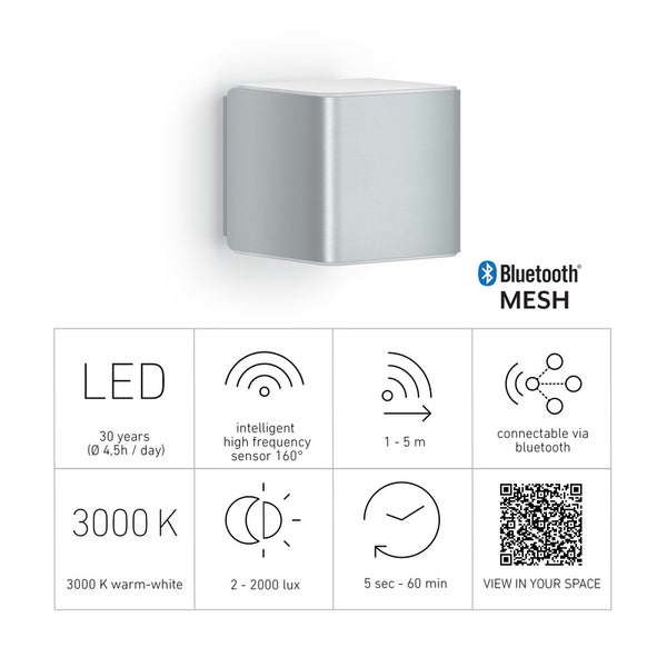 Kubische LED-Wandleuchte mit Bluetooth Mesh, 160 Grad Sensor, 1 bis 5 Meter Reichweite, 3000 Kelvin, 2 bis 2000 Lux, 5 Sekunden bis 60 Minuten.